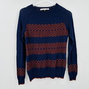 Trina Turk Sz Small Navy Blue Orange Chevron Print Long Sleeve Thin Knit Sweater